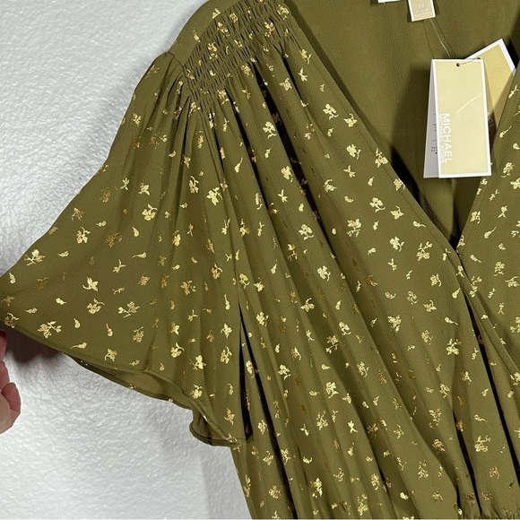 NEW Michael Kors Faux Wrap Dress Women's 1X Green Metallic Smocked Waist Ruffled - Picture 4 of 9